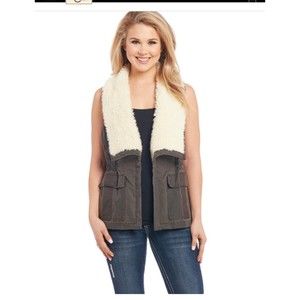 cripple creek Vest Women’s  Washed Cotton Open Front Faux Fur Lapels Size L